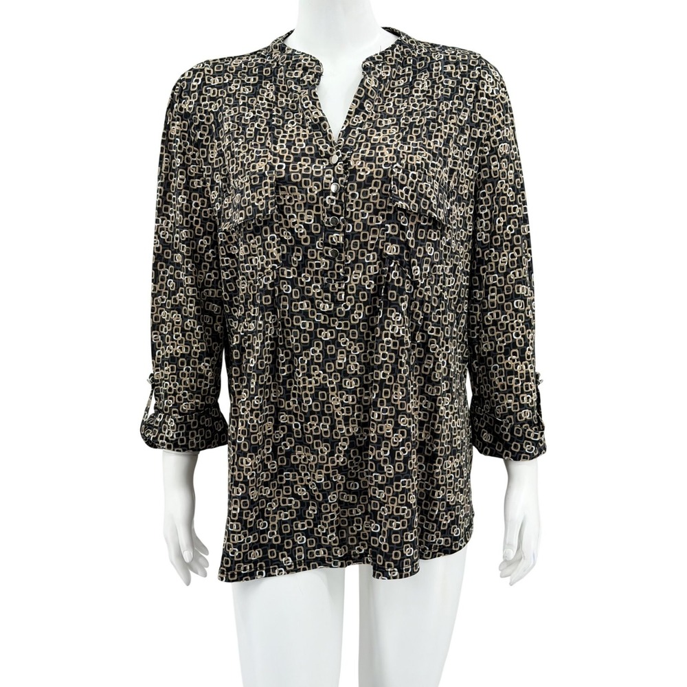 Cocomo Top Womens 2X Black Tan Geometric Stretch Office Work Travel Artsy V-Neck